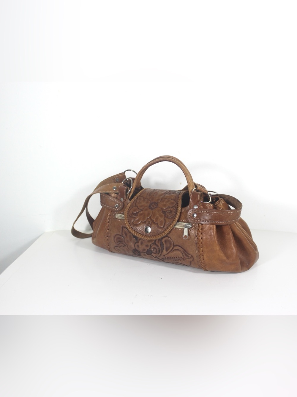 Vintage Tooled Tan Leather Purse Bag with Handles and Shoulder Straps